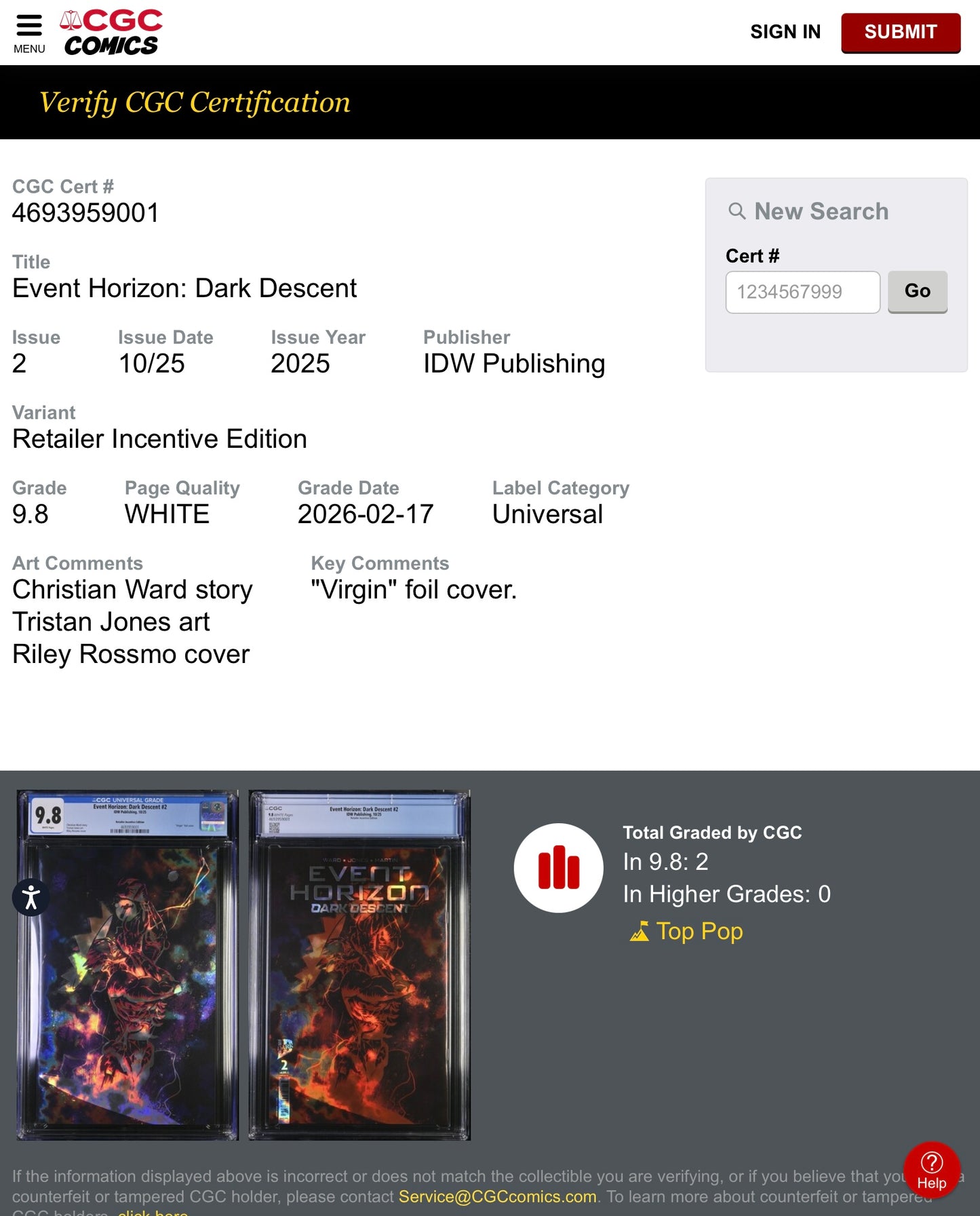 Event Horizon Dark Descent #2 CGC 9.8 Rossmo Virgin Magma Foil Variant LTD 5