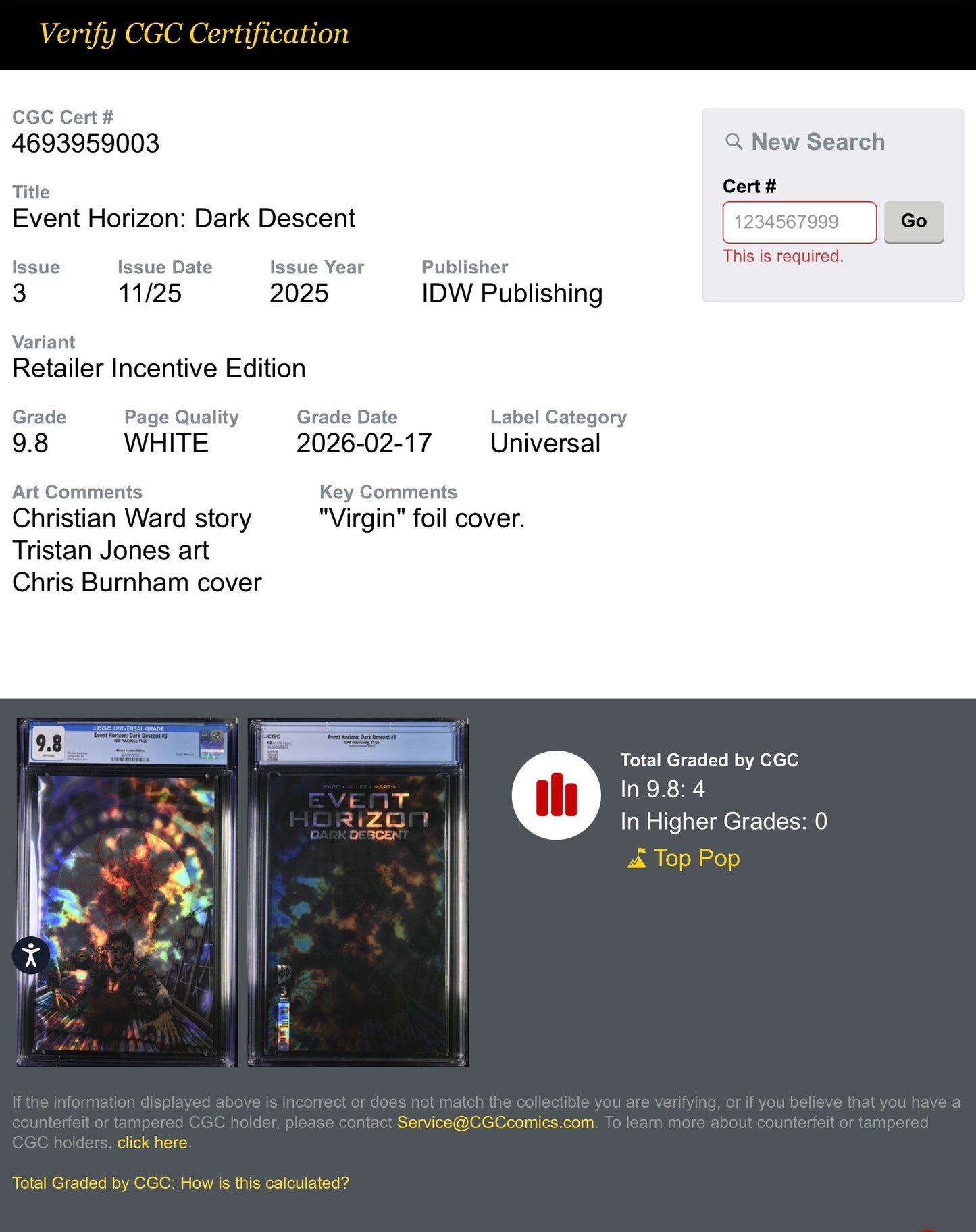 Event Horizon Dark Descent #3 CGC 9.8 Burnham Virgin Magma Foil Variant LTD 5