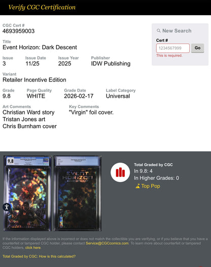 Event Horizon Dark Descent #3 CGC 9.8 Burnham Virgin Magma Foil Variant LTD 5