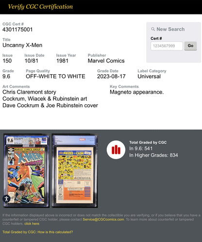 Uncanny X-Men 150! Key Issue (Origin of Magneto) Custom CGC Magneto Label 9.6!
