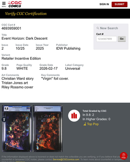 Event Horizon Dark Descent #2 CGC 9.8 Rossmo Virgin Magma Foil Variant LTD 5